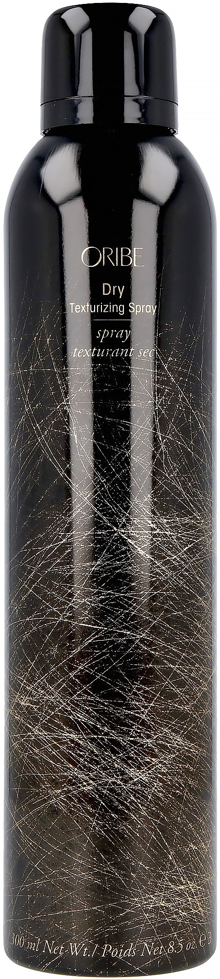 En svart burk med Oribe torr textureringsspray med ett virveldesign på.
