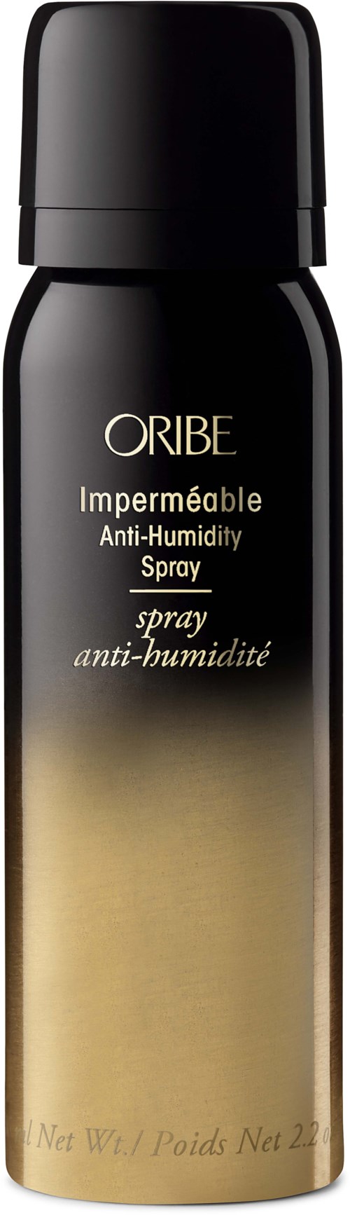 En svart och guld sprayflaska märkt Oribe Anti-Humidity Spray för hår.