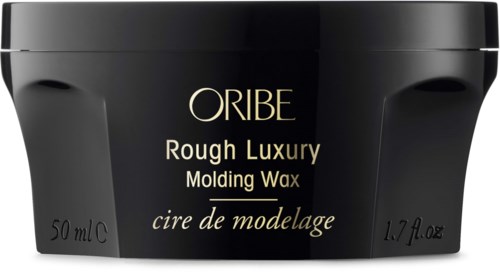 Musta säiliö, jossa lukee Oribe Rough Luxury Molding Wax, 50 ml, kultaisella ja valkoisella tekstillä, näyttää tuotetiedot.