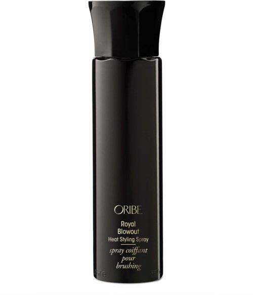 Eine schwarze Flasche mit Oribe Royal Blowout Hitzestyling-Spray.