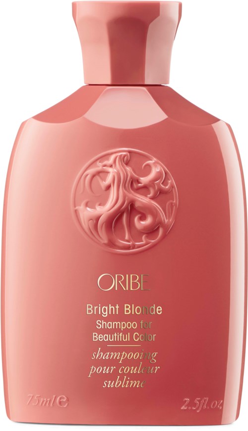 Rosa Shampoo-Flasche mit rundem Emblem und goldener Schrift, bezeichnet als Bright Blonde Shampoo für schöne Farbe.