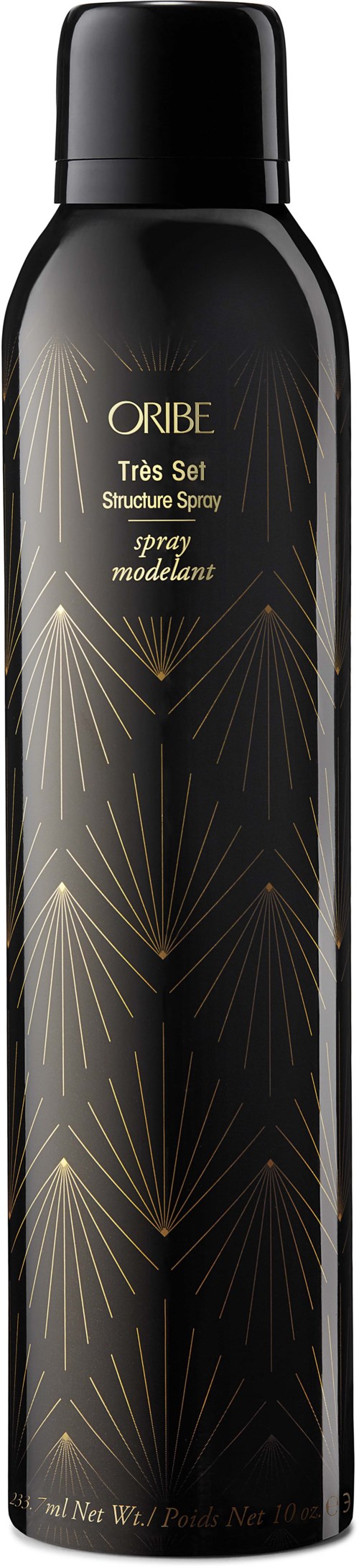 Eine schwarze Sprühdose mit goldenem Sternmuster und goldener Schrift, beschriftet "Oribe Tres Set Structure Spray."
