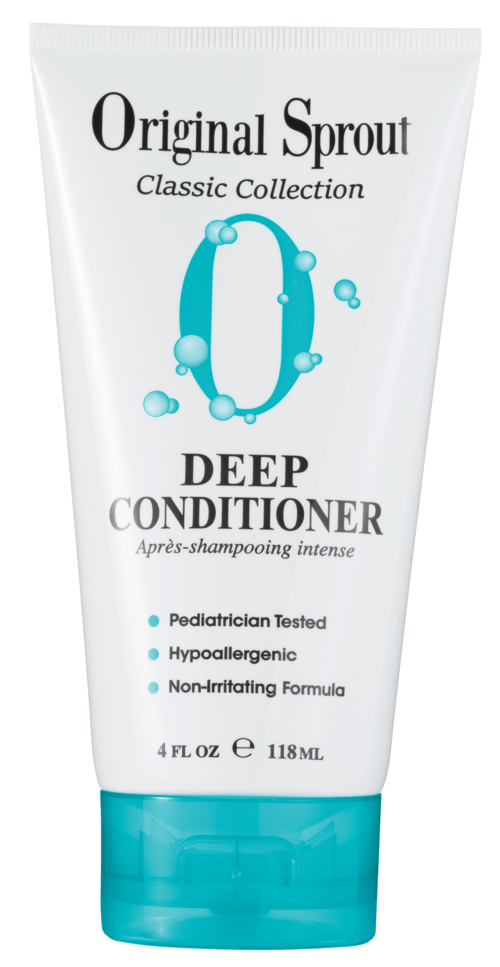 En vit tub med Deep Conditioner från Original Sprout, blå accenter, text och bubblor. Den används för hårvård.