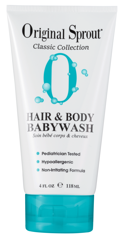 En vit tub med blått lock, märkt 'Original Sprout Hair & Body Babywash,' som framhäver dess naturliga och milda egenskaper.