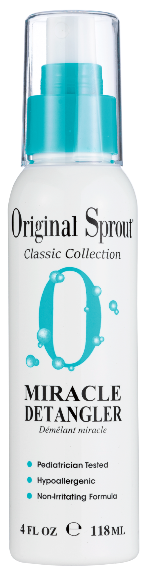 En vit flaska med turkos pump, märkt 'Original Sprout Miracle Detangler,' har bubblor och blå detaljer.