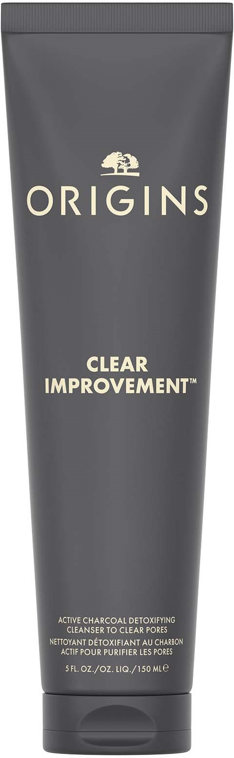 En grå tub med Origins Clear Improvement hudvårdsprodukt med guldlogo och text.