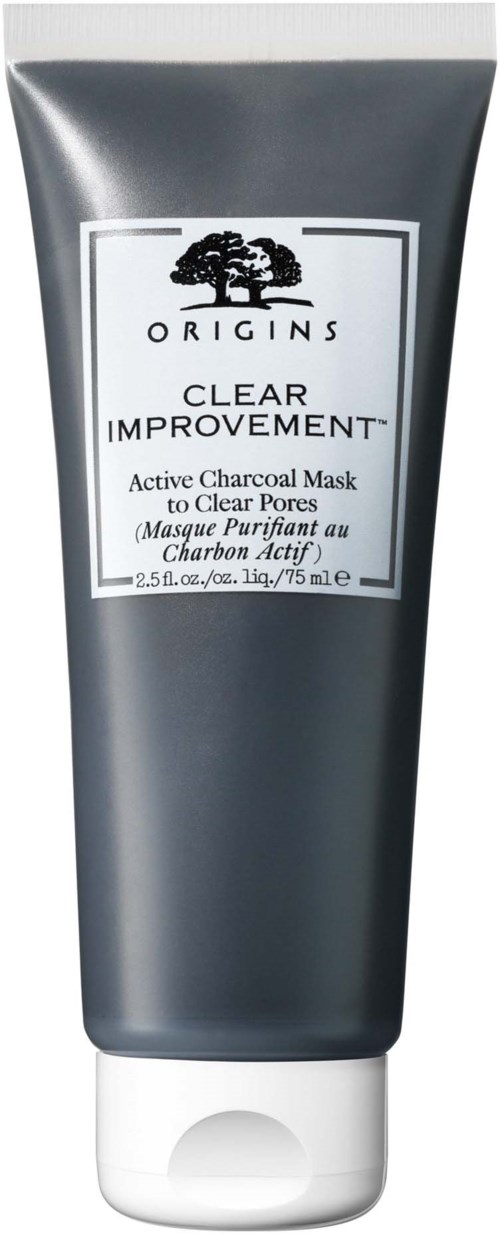 Eine graue Tube mit Origins Clear Improvement Aktivkohlemaske, weißem Deckel und schwarzem Text auf dem Etikett.