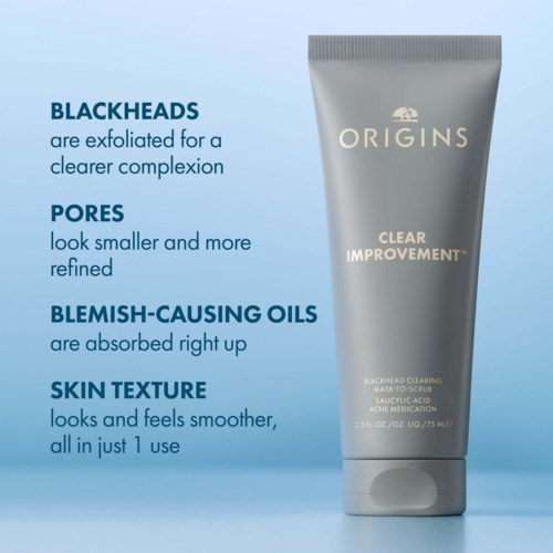 Text beschreibt die Vorteile der Origins Clear Improvement Maske für klarere Haut, weniger Mitesser, kleinere Poren und eine glattere Textur.
