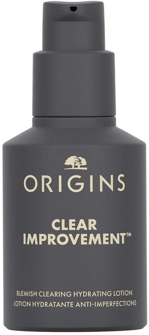 Grey bottle with pump labeled 'Origins Clear Improvement,' used for skin hydrating and blemish treatment.