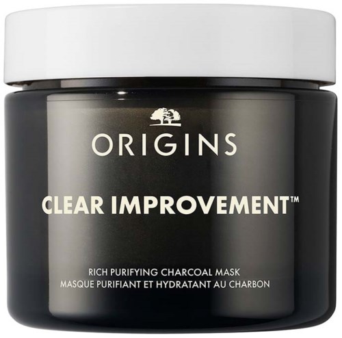 Ein schwarzer Behälter mit weißem Deckel enthält Origins Clear Improvement Reinigungs-Kohlenstoffmaske.