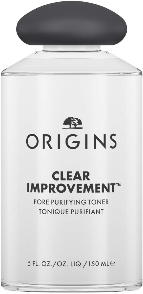 Transparante tonerfles van Origins voor poreverzorging en huidverbetering.