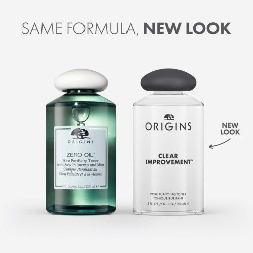 Twee flessen gezichtswater naast elkaar, gemarkeerd 'Zero Oil' en 'Clear Improvement', tonen een nieuwe look voor het merk.