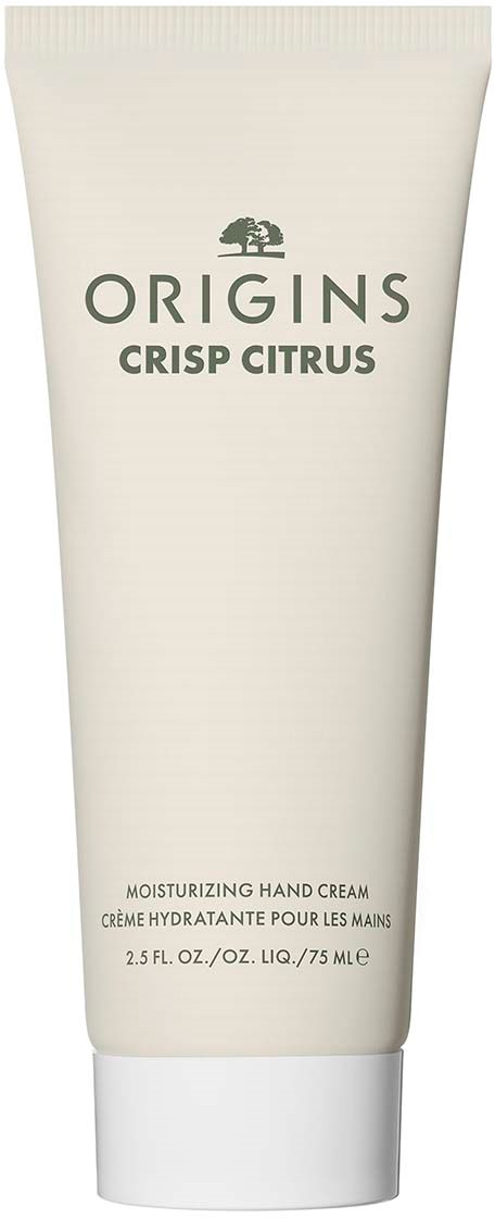 En hvit tube med Origins håndkrem med grønn tekst. Den står 'Crisp Citrus' og 'Moisturizing Hand Cream'.