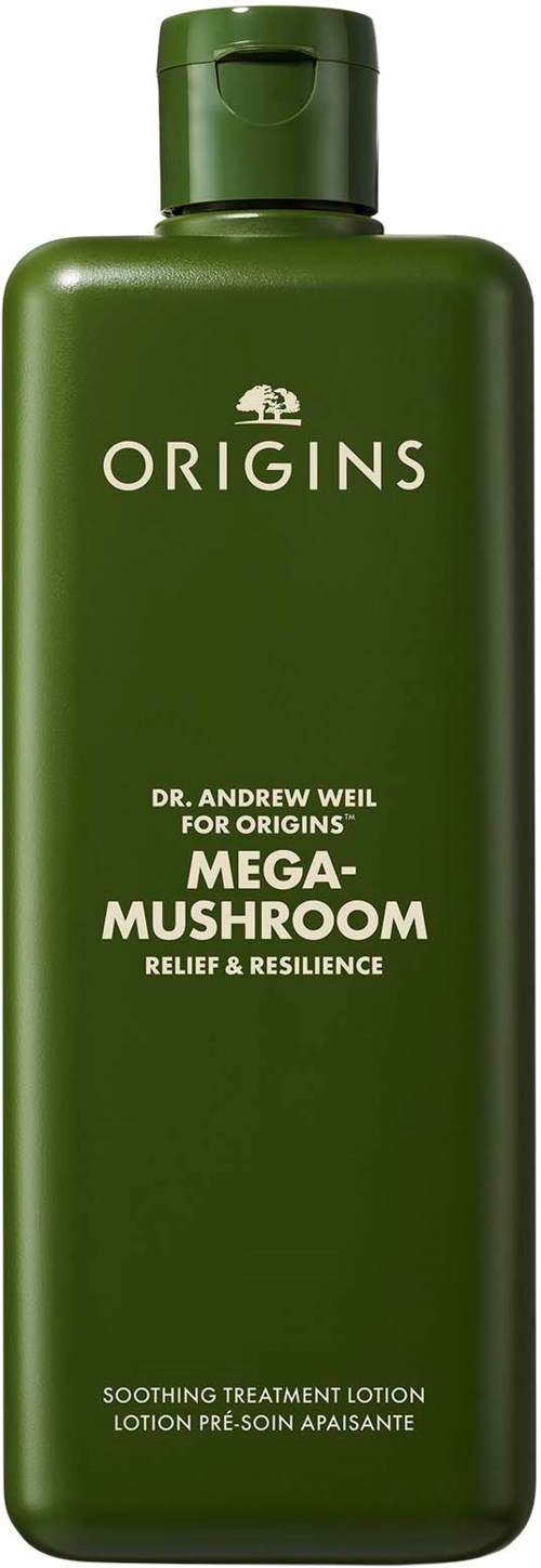 Grön flaska med Origins Dr. Andrew Weils Mega-Mushroom lotion för hudens lindring och motståndskraft.