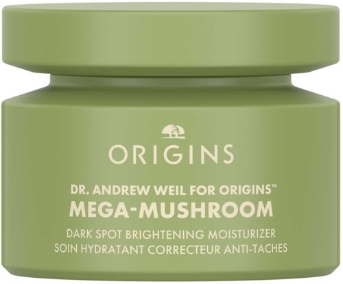 Ein runder grüner Behälter mit Deckel, beschriftet "Origins Mega-Mushroom Dark Spot Brightening Moisturizer."
