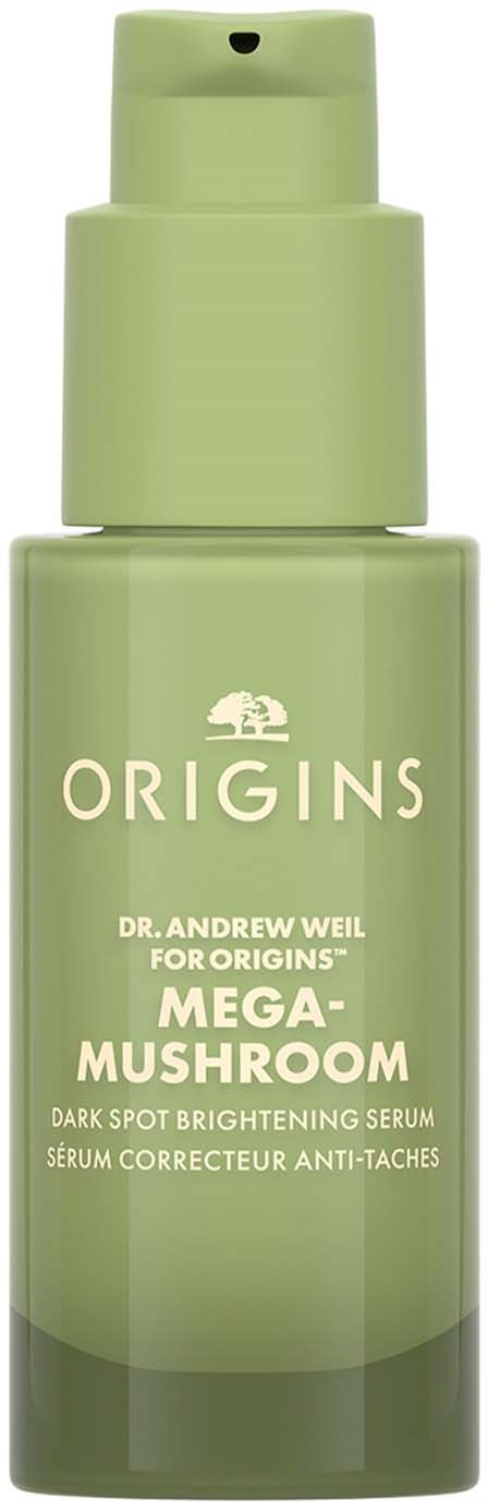 Eine grüne Flasche mit Origins Mega Mushroom Serum mit Pumpenspender.