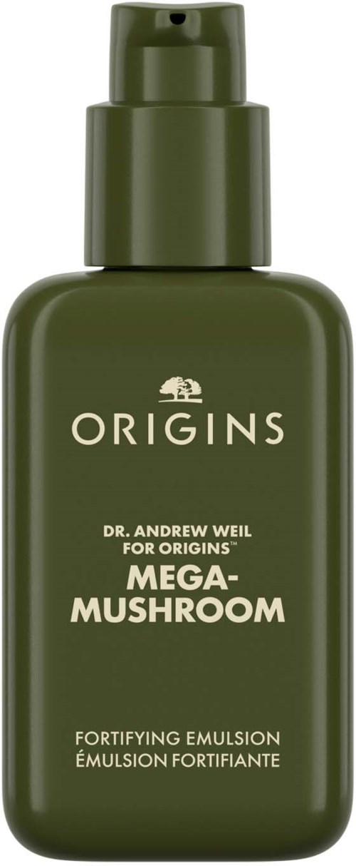 Grüne Flasche mit weißem Text, bezeichnet als 'Origins' und 'Mega-Mushroom Fortifying Emulsion.'