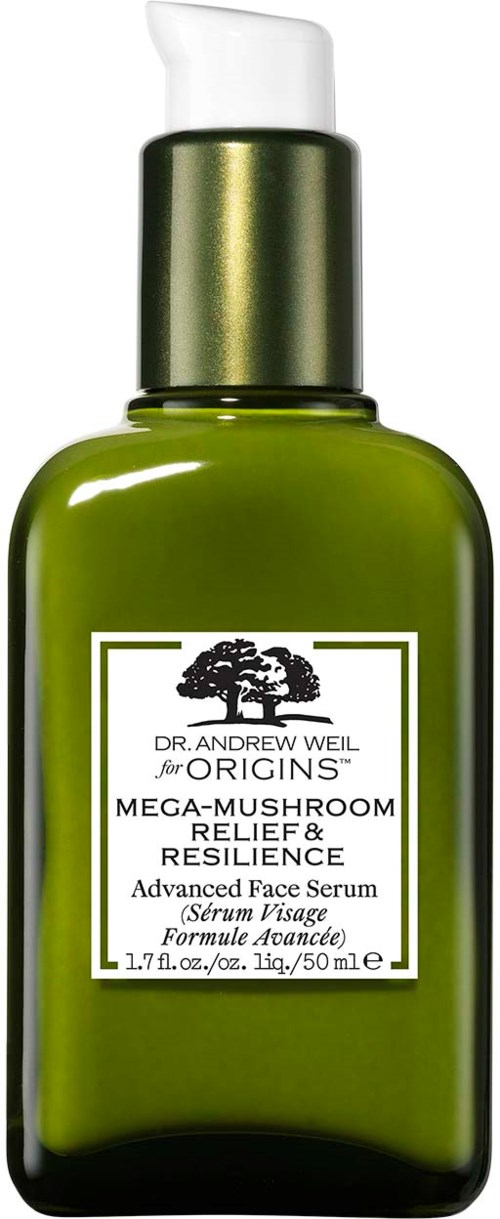 Grüne Flasche mit weißer Pumpe enthält Dr. Andrew Weil für Origins Gesichtsserum für Hauterleichterung und Widerstandskraft.
