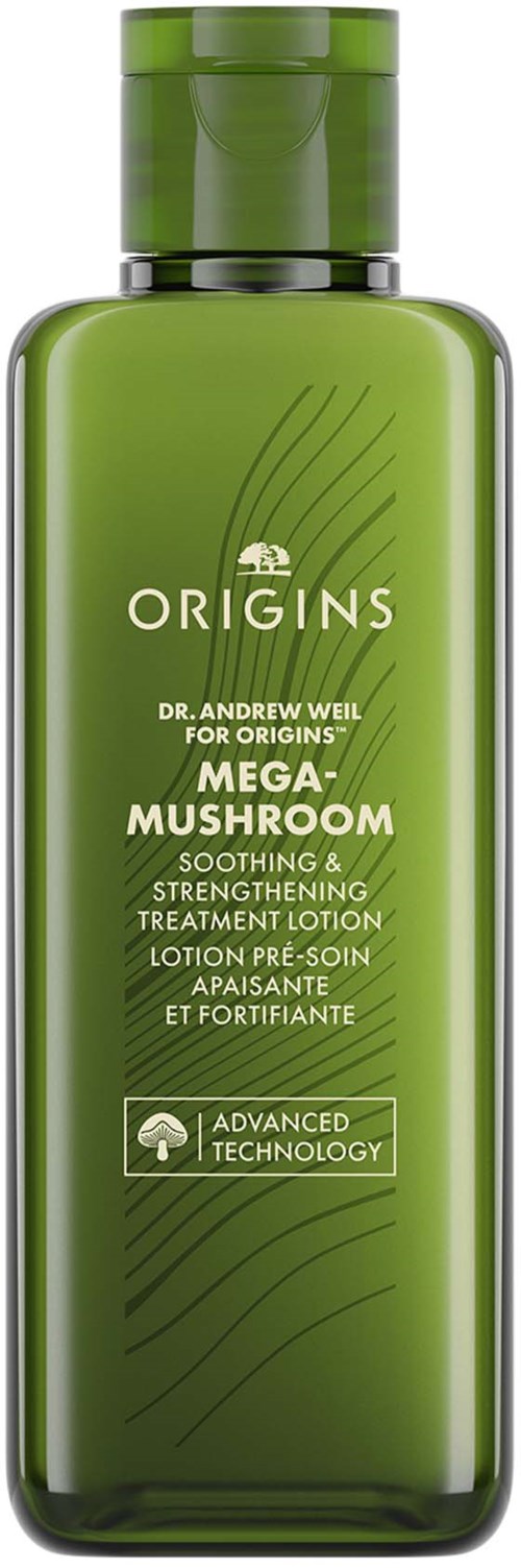 En grön flaska med Origins Mega-Mushroom lugnande och stärkande behandlingstonic med trycklock.