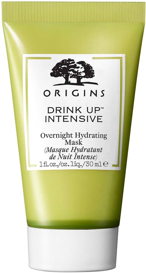 Ein grüner Tuben mit der Aufschrift 'Origins Drink Up Intensive Overnight Hydrating Mask' mit Baumlogo, weißem Deckel und Produktdetails.
