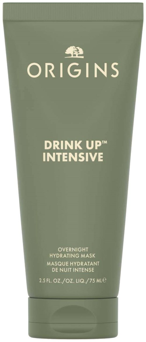 Eine grüne Tube mit 'ORIGINS' für eine feuchtigkeitsspendende Nachtmaske, 'Drink Up Intensive.'