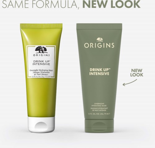 Zwei grüne Tuben mit Hautpflegeprodukten 'Drink Up Intensive' von Origins, alte und neue Optik.