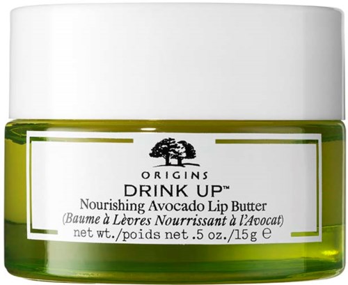 Grüner Behälter mit Avocado Lip Butter von Origins, pflegend, mit weißem Deckel und einfachem Design.