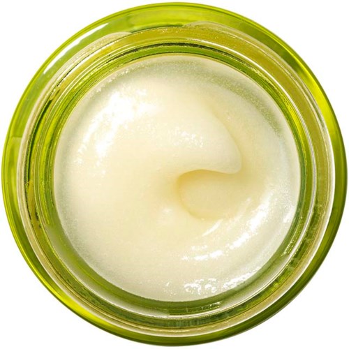 Ein runder, grüner Behälter mit weißer Creme darin, von oben gesehen. Die Creme ist glatt und weich.
