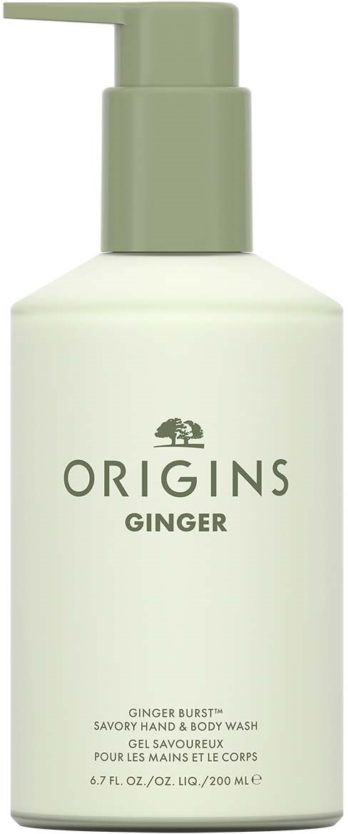 En vit flaska med grön pump märkt 'Origins Ginger' för hand- och kroppstvätt.