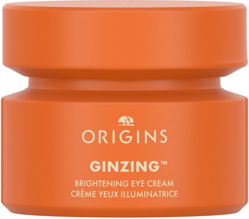 Hellorangefarbene Dose mit Origins GinZing Augencreme zur Aufhellung. Einfache Schrift auf der Dose. Keine weiteren Details sichtbar.