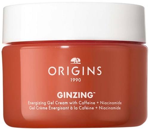 Ein Glas with Origins Ginzing Gel Creme, weißer Deckel, orange Behälter und weiße Schrift.