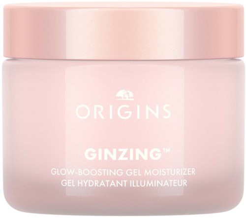 Ein rosa Behälter mit Deckel, gekennzeichnet 'Origins GINZING' für eine glow-steigernde Feuchtigkeitscreme.