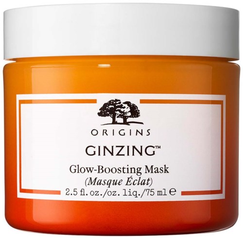 Oranger Behälter mit Weißem Deckel, Label zeigt Baum und beschreibt eine Glow-Boosting Maske.