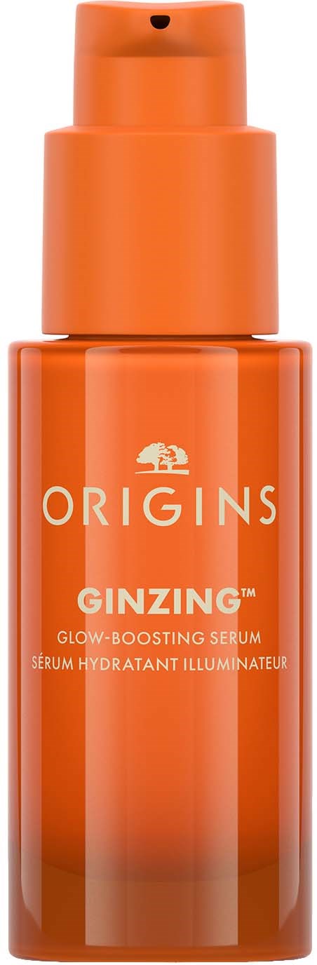 Eine orangefarbene Flasche mit Pumpe, mit Bezeichnung Origins Ginzng Glow-Serum zur Hautaufhellung.