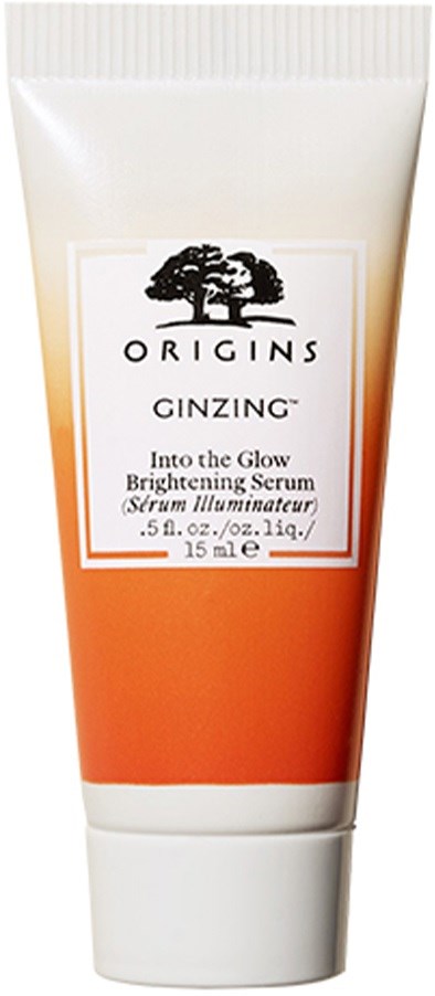En vit och orange tub med märket 'Origins GINZING Brightening Serum' och en trädlogga, stående upprätt.