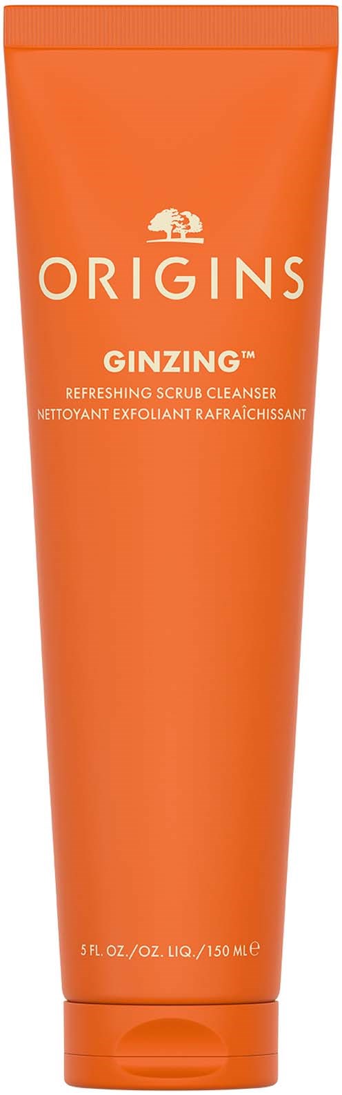 Eine orangefarbene Tube von Origins Ginzing Refreshing Scrub Cleanser mit Text und Logo. Kleine Größe an der Unterseite.