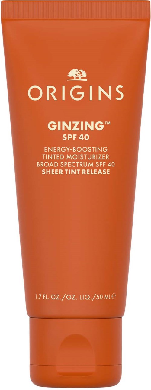 Een oranje tube van Origins Ginzing SPF 40 vocht blijft voor energie en glow. Bevat breed spectrum SPF 40.