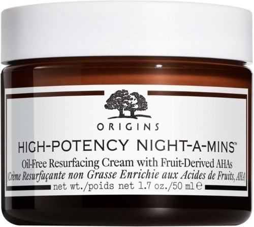 Ett burk med Origins High-Potency Night-A-Mins kräm, brunt med vit lock, etiketten har en trädlogotyp och produktuppgifter.