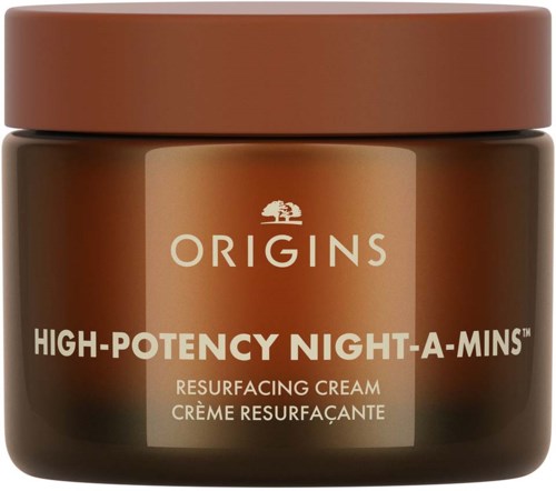 Brun krukke med ORIGINS High-Potency Night-A-Mins Resurfacing Cream for hud. Har en tre-logo og produktnavn.