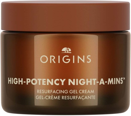 Brązowy słoik z kremem żelowym Origins High-Potency Night-A-Mins na noc, z etykietą i nakrętką.