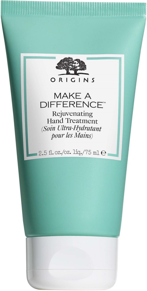 Eine mintgrüne Tube von Origins, beschriftet 'Make a Difference', für die Pflege und Verjüngung der Hände.
