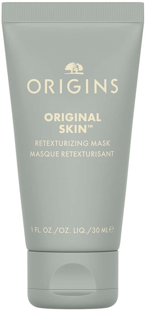 Ein grauer Tube mit Origins Original Skin erneuernde Maske, mit Text und Logo oben.