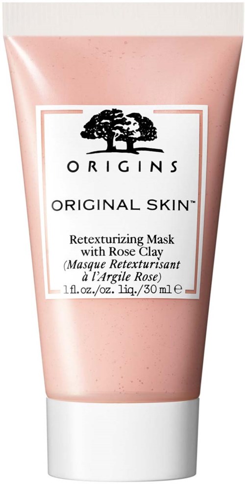 Rosa tub med Origins ansiktsmaske med svart trädlogo och text om rosenlera.
