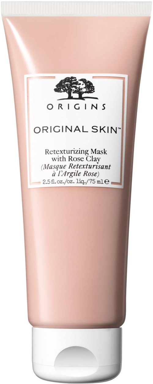Een roze tube van Origins Original Skin retexturizing masker met rozenklei, 75 ml, staand.