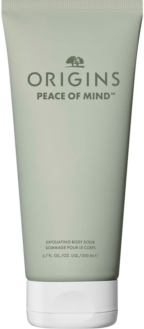A light green tube of Origins Peace of Mind exfoliating body scrub with a white cap.