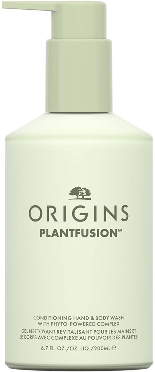 Lichtgroene fles met pomp, gelabeld 'ORIGINS PLANTFUSION' voor hand- en lichaamswas, bevat een kleine leeuwen logo.