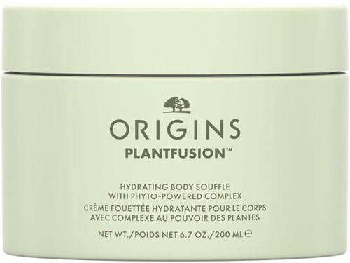 Lichtgroene container van Origins PlantFusion hydraterende lichaamssoufflé met een boomlogo bovenop.