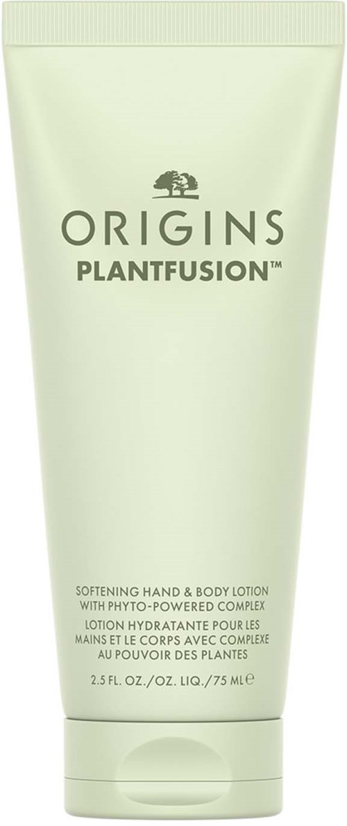 En ljusgrön flaska med hand- och kroppslotion med lock, märkt 'Origins PlantFusion.'