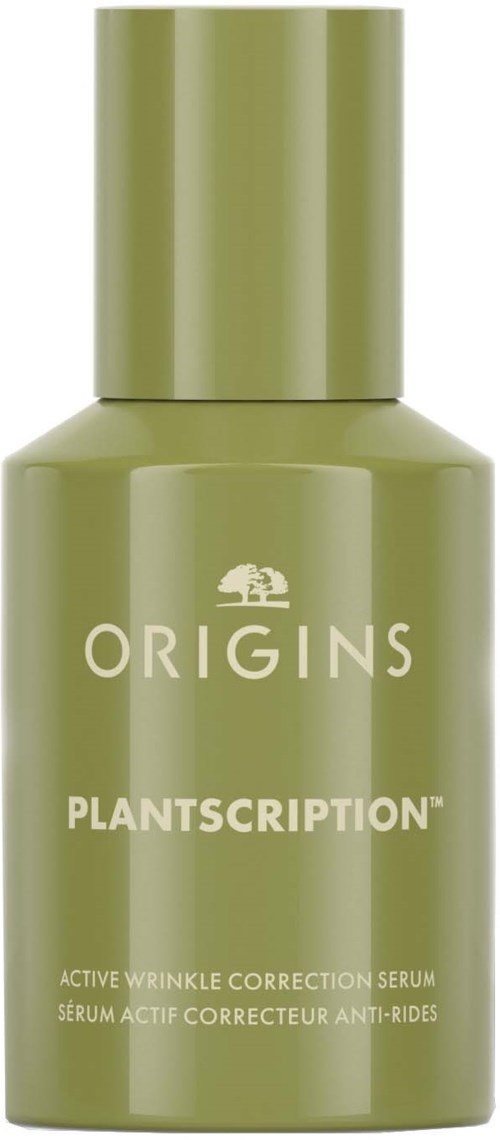 Eine grüne Flasche mit der Aufschrift 'Origins' und 'Plantscription' zur Faltenkorrektur. Es ist ein Hautpflegeprodukt.