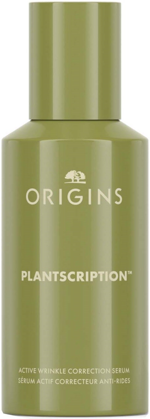 Eine grüne Flasche mit weißen Text, gekennzeichnet 'Origins Plantscription' und Produktdetails.